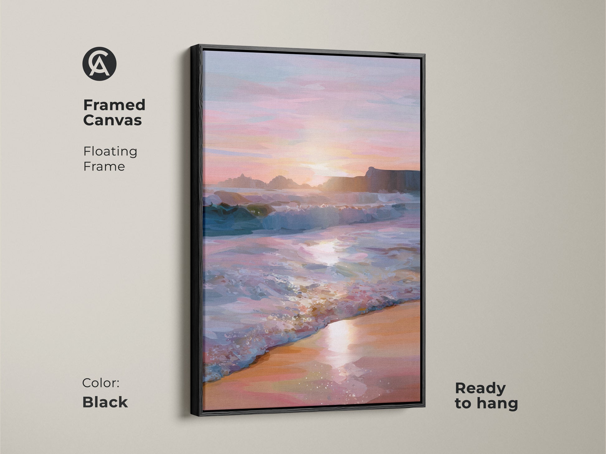 Framed canvas art showcasing an ocean sunset with coastal beach waves. A black floating frame accentuates the teal pink orange sky landscape. Ready to hang wall art perfect for adding a touch of summer to your bedroom or living room.