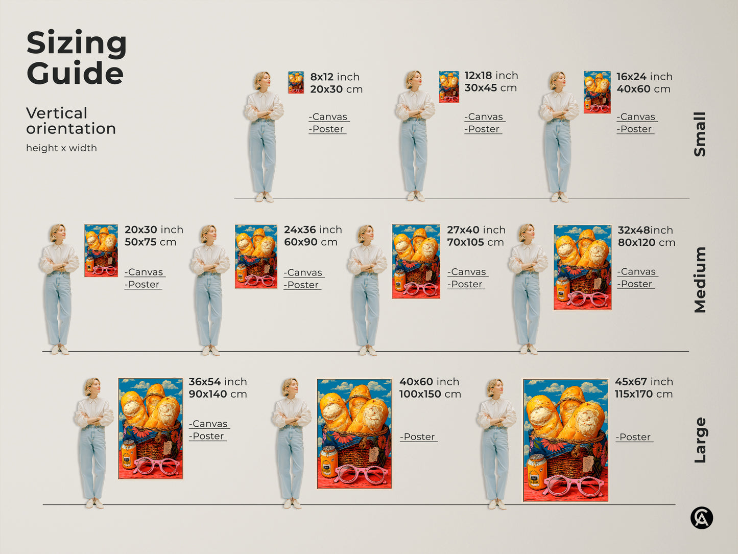 Sizing guide for the vertical pop art bread basket print. Canvas and poster prints available in multiple sizes. Choose from small medium and large options. Transform your space with eclectic kitchen artwork today. This makes a fun housewarming gift for baker or friend.