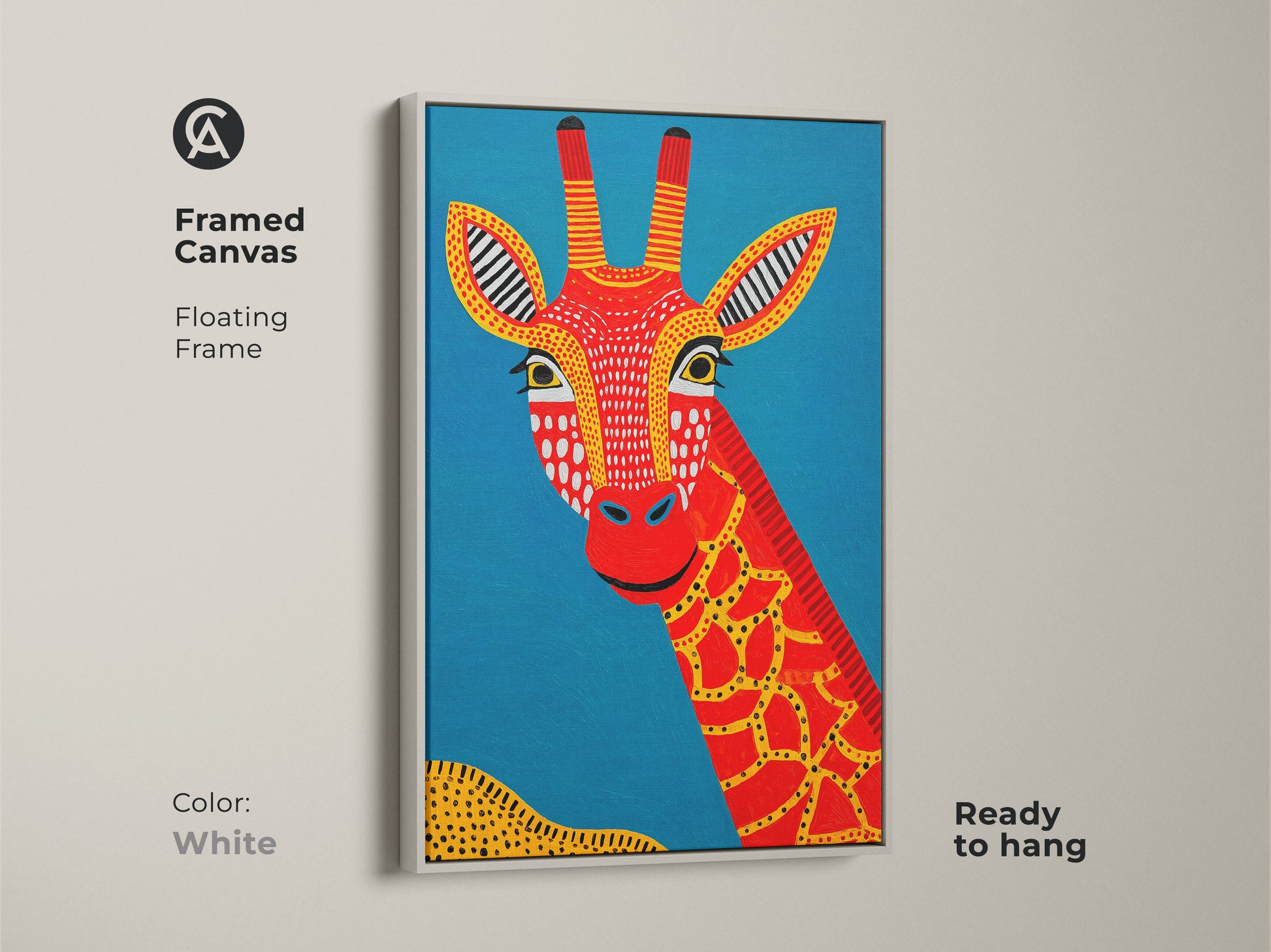 Framed Canvas displaying the Tribal Giraffe Artwork with a white frame. This ready-to-hang piece adds a modern touch to any space. The colorful red giraffe against a blue background with yellow highlights creates a vibrant look. Perfect for adding a bohemian flair to your living room or bedroom.