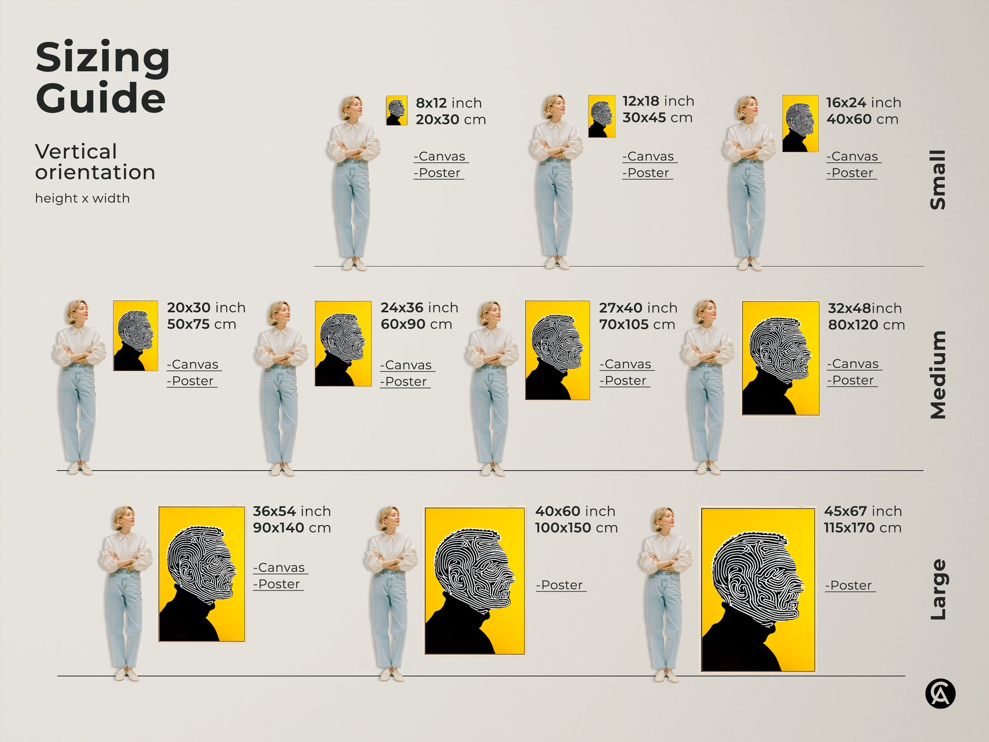 Sizing guide for the line art portrait. The artwork is available in vertical orientations. Sizes range from small to large. Options include canvas and poster prints. Visualize how this modern artwork will look in your space. Find the perfect size for your home decor.