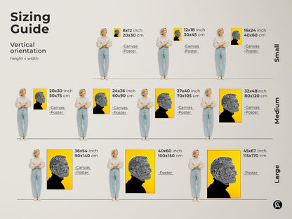 Sizing guide for the line art portrait. The artwork is available in vertical orientations. Sizes range from small to large. Options include canvas and poster prints. Visualize how this modern artwork will look in your space. Find the perfect size for your home decor.