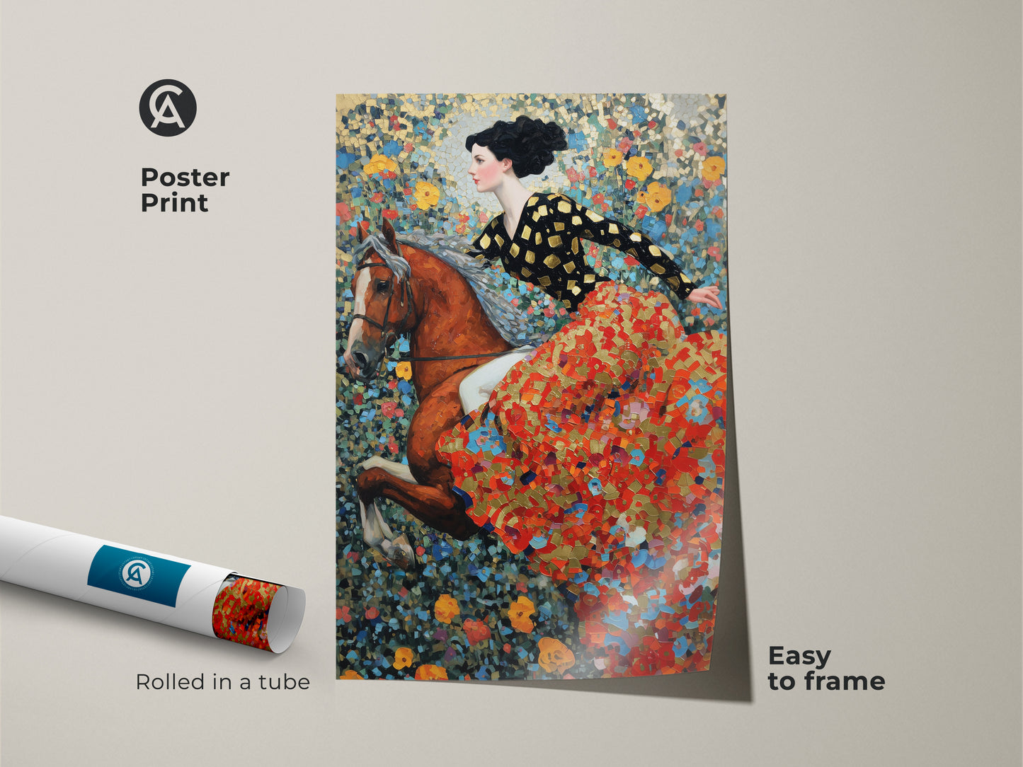 Poster print of a woman riding a horse amidst a floral background. This easy-to-frame art is rolled in a tube for protection. This art nouveau equestrian wall art is a beautiful blend of red gold and blue. A unique gift for horse lovers. This is perfect for bohemian home decor.