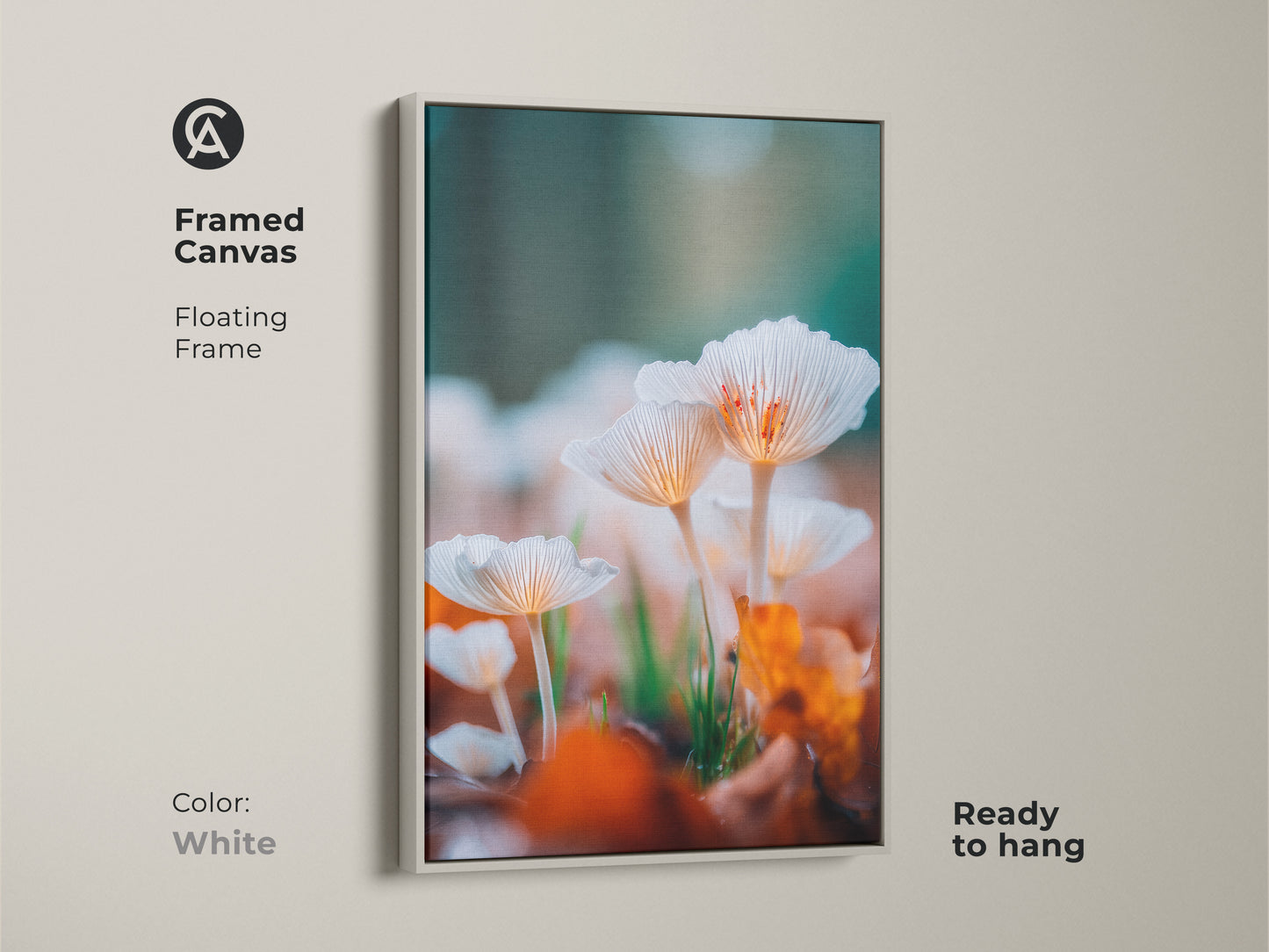 White framed canvas art. This artwork showcases a detailed image of white mushrooms. The white floating frame creates a clean and contemporary look. It's ready to hang and will complement any room.