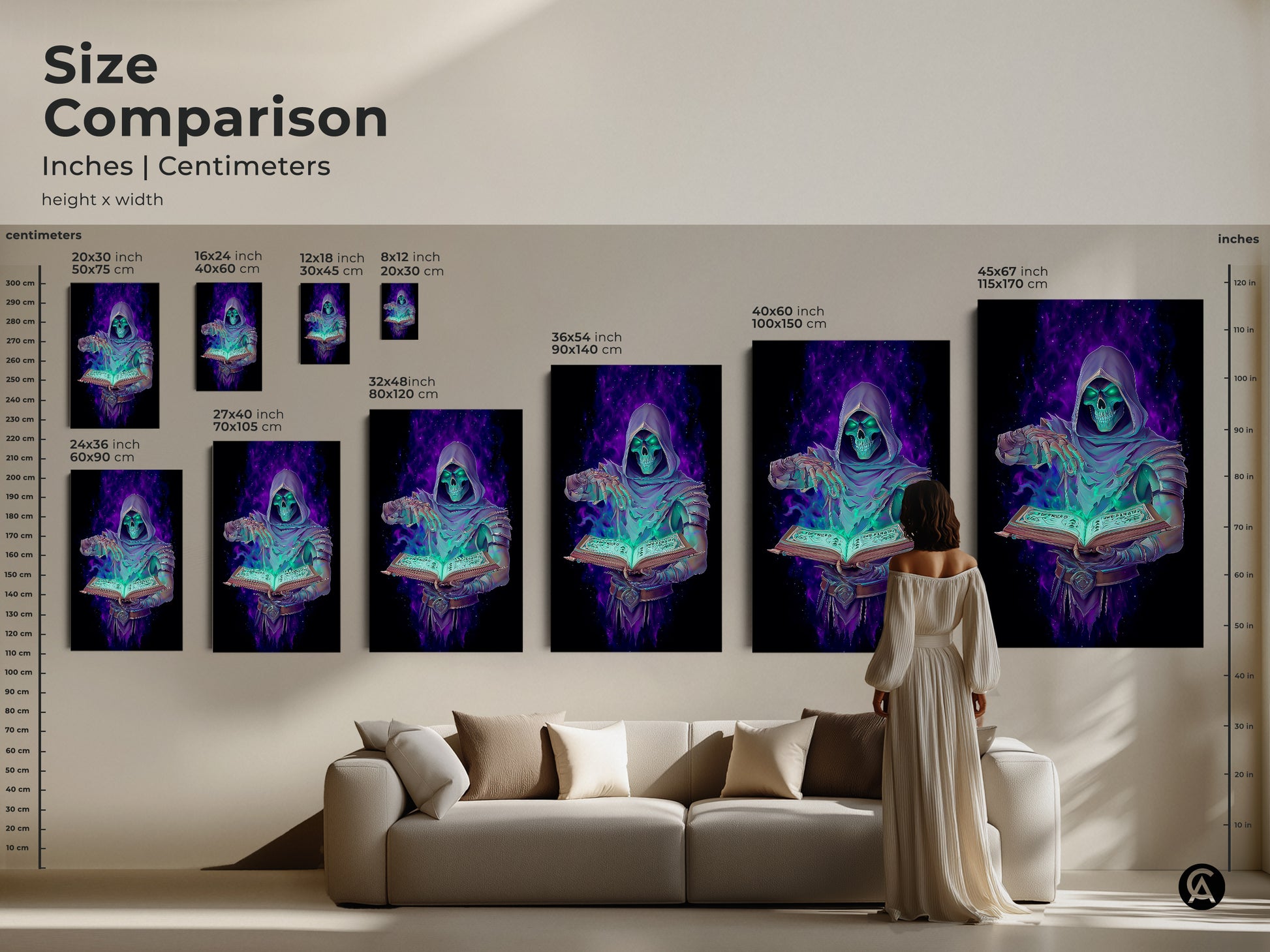 Compare sizes with this dark fantasy art size comparison. See the Grim Reaper with spellbook art in inches and centimeters. The emerald purple digital art enhances any room. It's the perfect gothic occult wall decor.