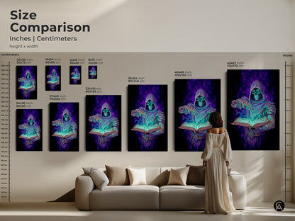 Compare sizes with this dark fantasy art size comparison. See the Grim Reaper with spellbook art in inches and centimeters. The emerald purple digital art enhances any room. It's the perfect gothic occult wall decor.