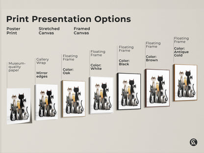 Print Presentation Options for Cat Family Wall Art. Choose from poster print stretched canvas or framed canvas with various frame colors. Find the perfect style to match your eclectic home decor.