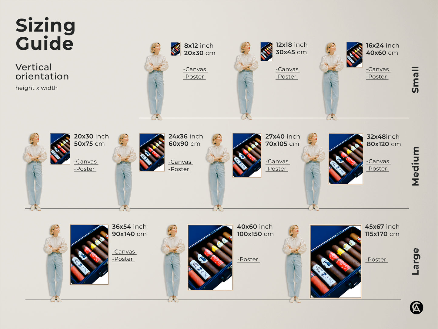 Sizing guide for vertical cigar humidor art. See canvas and poster sizes from small to large. Great for a man cave or office decor. Gift for a cigar lover. Find the premium art size perfect for you. It features rich browns and reds. Sophisticated wall art for any space