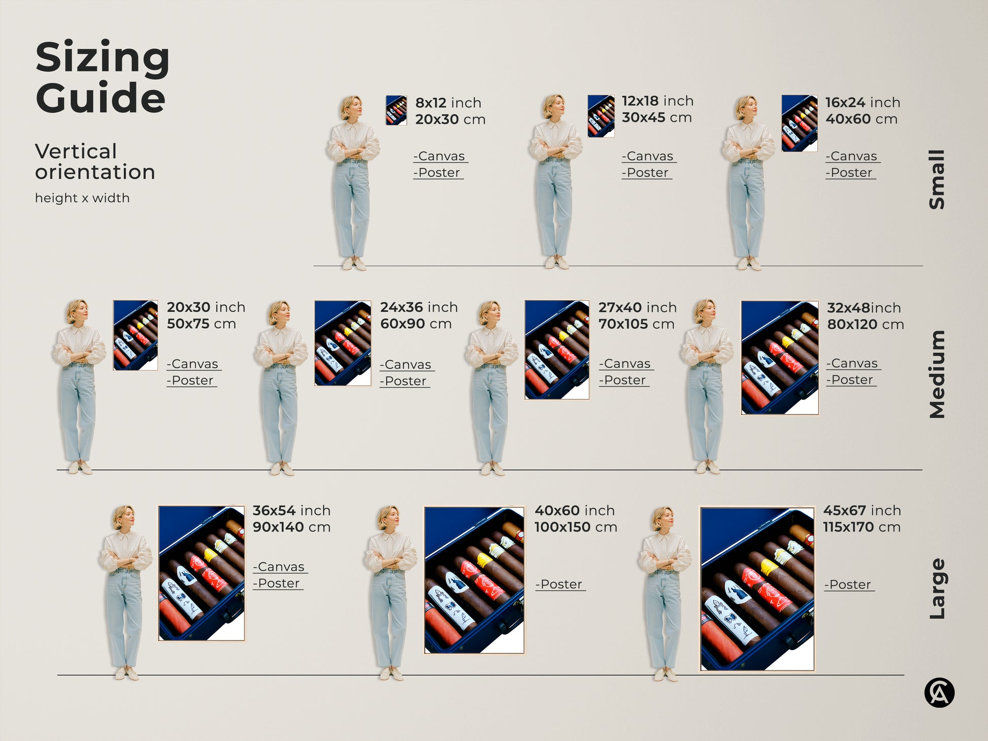 Sizing guide for vertical cigar humidor art. See canvas and poster sizes from small to large. Great for a man cave or office decor. Gift for a cigar lover. Find the premium art size perfect for you. It features rich browns and reds. Sophisticated wall art for any space