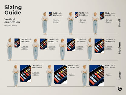 Sizing guide for vertical cigar humidor art. See canvas and poster sizes from small to large. Great for a man cave or office decor. Gift for a cigar lover. Find the premium art size perfect for you. It features rich browns and reds. Sophisticated wall art for any space