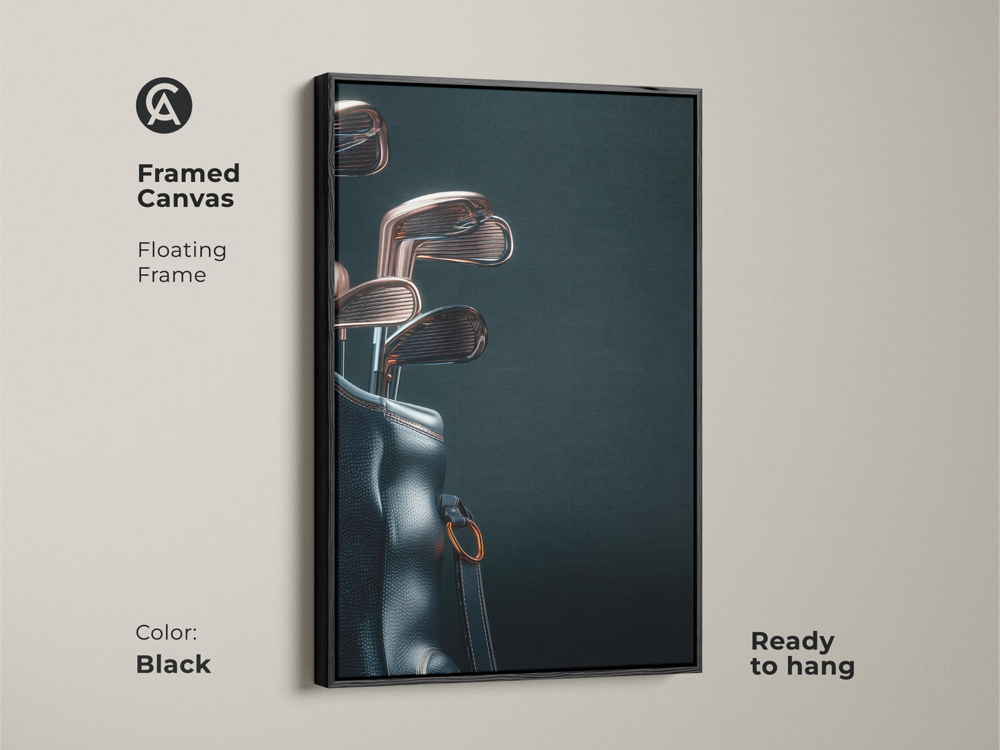 Enhance your decor with framed canvas art. This floating frame highlights a stylish golf bag and clubs. The black frame adds a sleek modern touch. Ready to hang this piece will impress any golf aficionado.