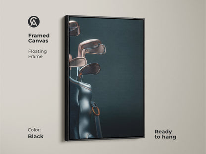 Enhance your decor with framed canvas art. This floating frame highlights a stylish golf bag and clubs. The black frame adds a sleek modern touch. Ready to hang this piece will impress any golf aficionado.