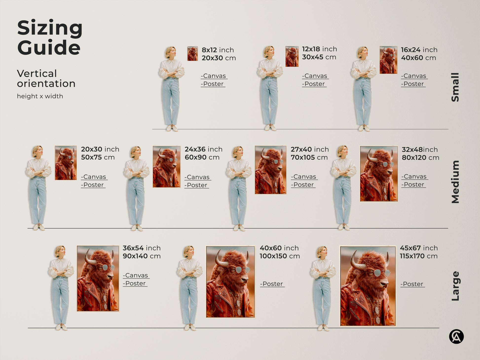 Sizing guide showing a vertical orientation of the bison art print. The canvas and poster art come in sizes from small to large. It helps visualize the scale of this cool biker wildlife art in different room settings.