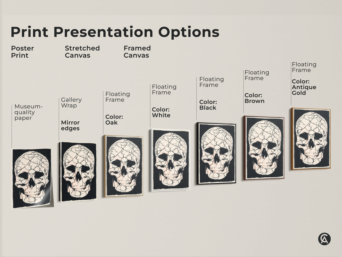 Explore print options with this gothic cracked skull art. Choose poster stretched or framed canvas for your space. Discover museum-quality paper gallery wraps floating frames and various colors like oak black brown antique gold and white.