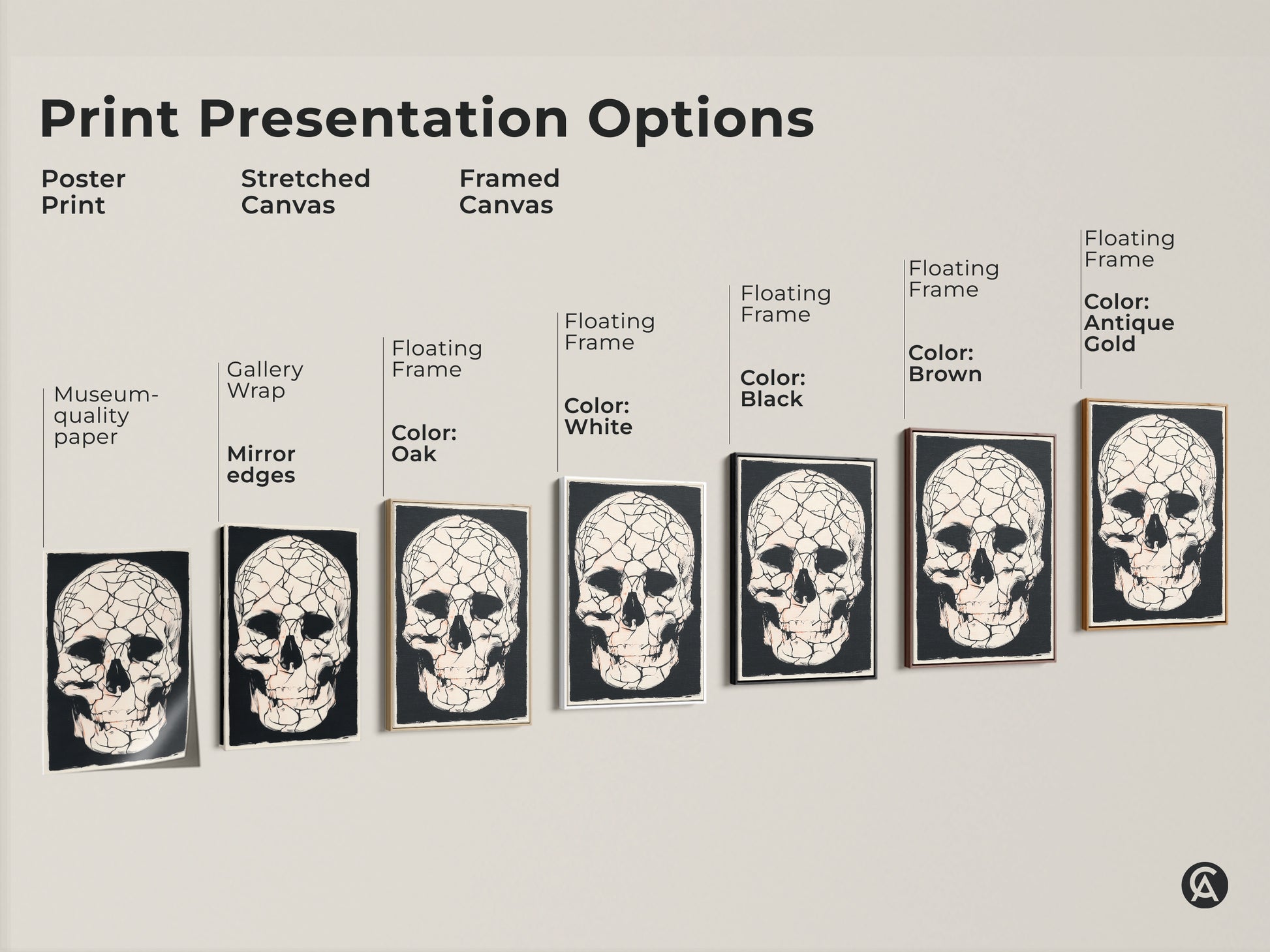 Explore print options with this gothic cracked skull art. Choose poster stretched or framed canvas for your space. Discover museum-quality paper gallery wraps floating frames and various colors like oak black brown antique gold and white.