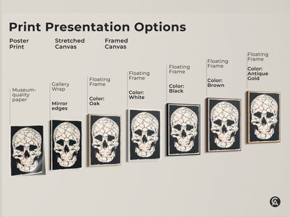 Explore print options with this gothic cracked skull art. Choose poster stretched or framed canvas for your space. Discover museum-quality paper gallery wraps floating frames and various colors like oak black brown antique gold and white.