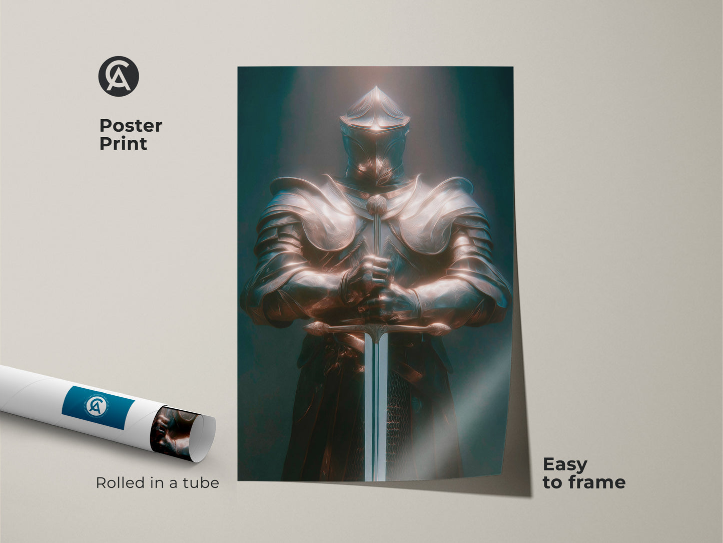 Poster print of a Bronze Teal Knight. This gothic warrior wall art is easy to frame. The artwork shows a medieval knight in full armor. This dark fantasy art is rolled in a tube. It's a great gift for fantasy fans. This office wall art adds a unique touch.