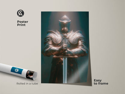 Poster print of a Bronze Teal Knight. This gothic warrior wall art is easy to frame. The artwork shows a medieval knight in full armor. This dark fantasy art is rolled in a tube. It's a great gift for fantasy fans. This office wall art adds a unique touch.