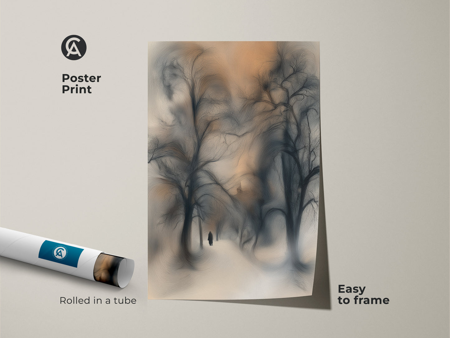See a poster print of textured snowy path art. The winter landscape wall art arrives rolled in a tube for easy framing. It showcases impressionistic trees canvas with a solitary figure. A great choice for atmospheric nature decor.