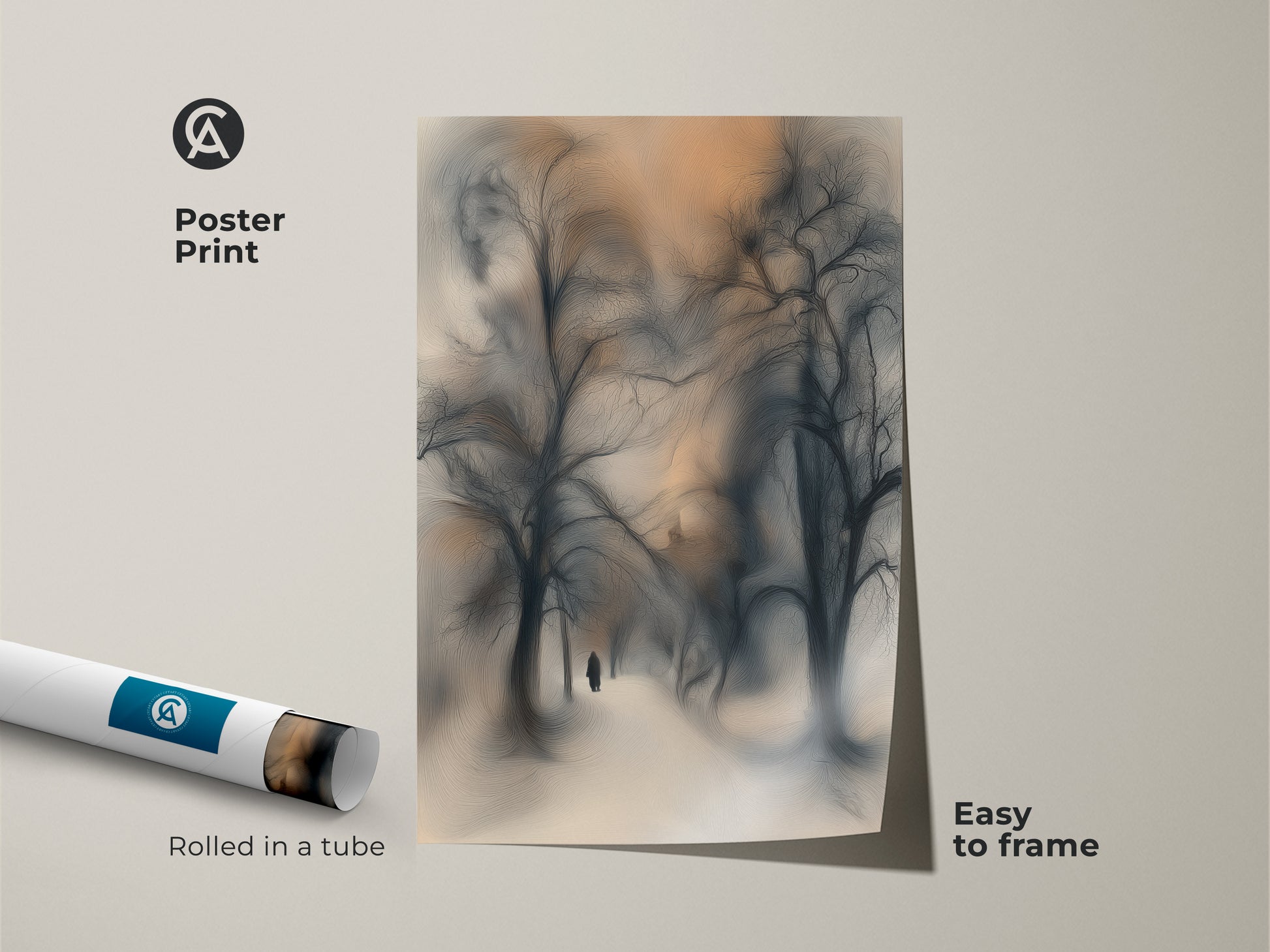 See a poster print of textured snowy path art. The winter landscape wall art arrives rolled in a tube for easy framing. It showcases impressionistic trees canvas with a solitary figure. A great choice for atmospheric nature decor.