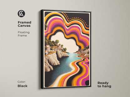 Black Framed Canvas showcasing Purple Orange Abstract Waves Artwork a Retro Coastal Town. This Boho Landscape Wall Decor features a Psychedelic Travel scene. The artwork is ready to hang adding coastal vibes to your home decor.