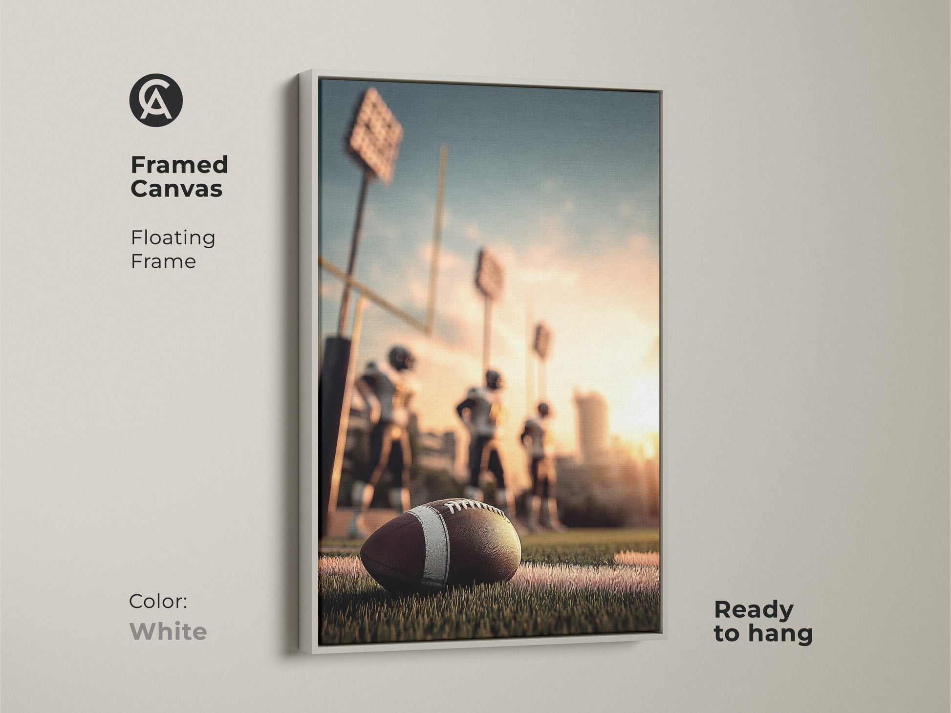 Framed canvas of American Football art in a white floating frame. Ready to hang for easy display. This artwork features a football on the field during the golden hour. Perfect for a man cave or sports bar. A great gift for football fans and sports enthusiasts.