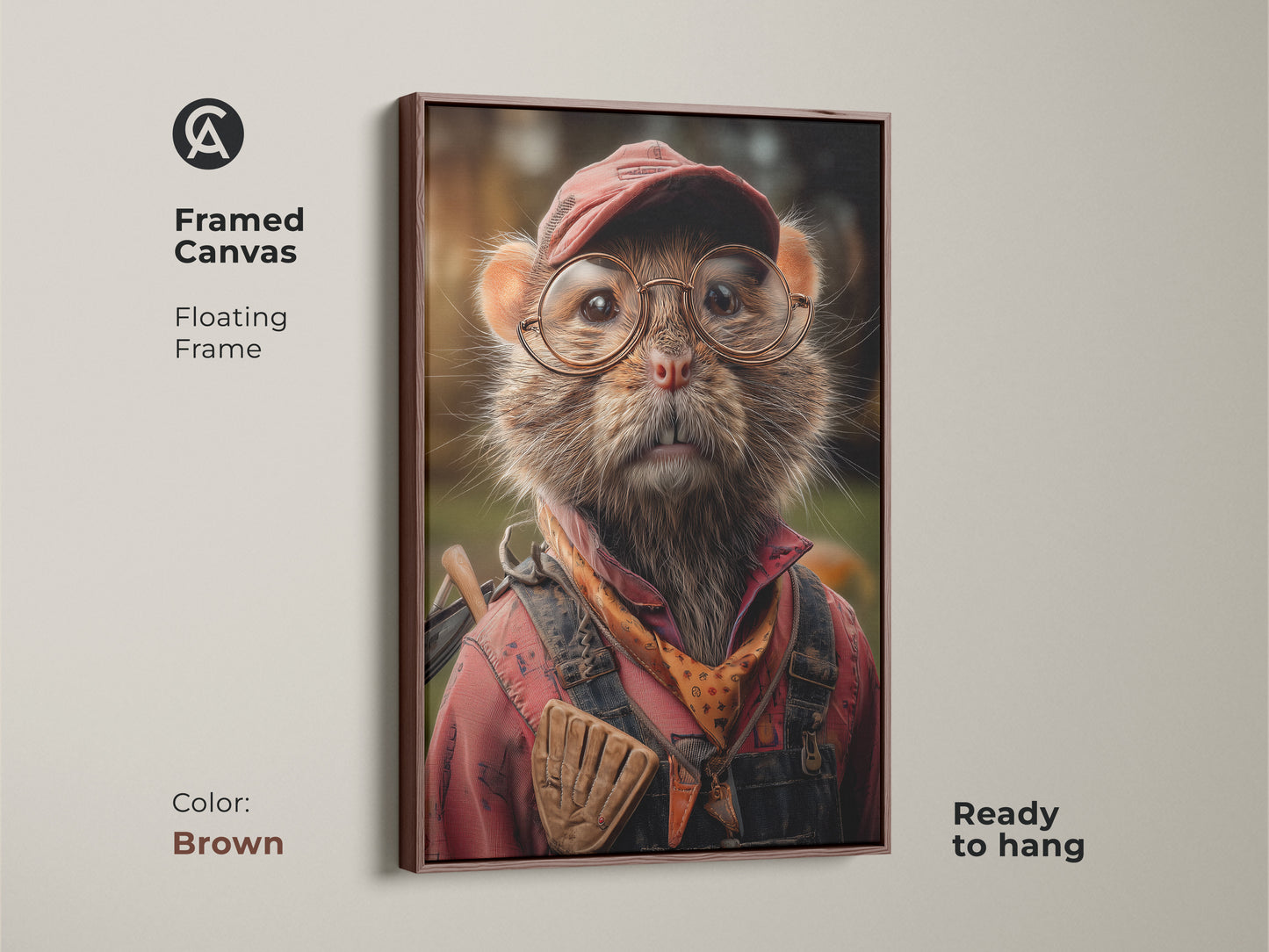 A brown framed canvas displays a cute mouse wall art. This framed print is ready to hang. Perfect for adding character to any wall. The artwork is a whimsical mouse portrait. This wall art is a unique animal wall hanging. It is a charming addition to rustic home decor.