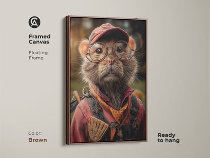 A brown framed canvas displays a cute mouse wall art. This framed print is ready to hang. Perfect for adding character to any wall. The artwork is a whimsical mouse portrait. This wall art is a unique animal wall hanging. It is a charming addition to rustic home decor.