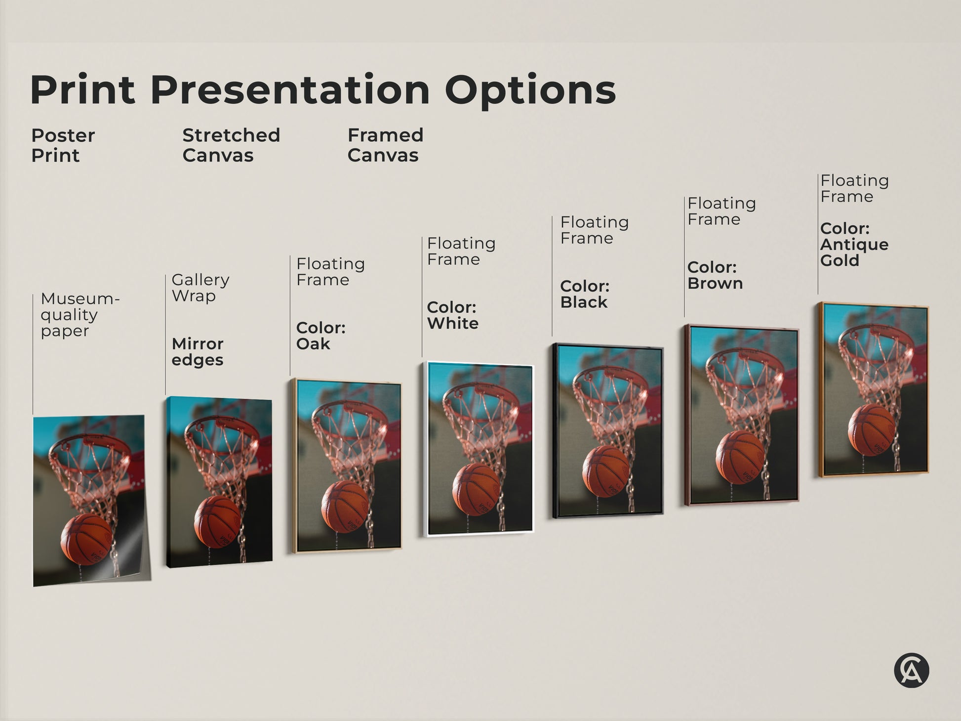 Explore print presentation options for basketball hoop art. Choose from poster prints stretched canvases and framed canvases. Select a floating frame in black brown white or antique gold. Find the perfect modern athletic decor for your space. Museum-quality paper and mirrored edges are available.