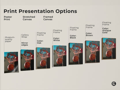 Explore print presentation options for basketball hoop art. Choose from poster prints stretched canvases and framed canvases. Select a floating frame in black brown white or antique gold. Find the perfect modern athletic decor for your space. Museum-quality paper and mirrored edges are available.