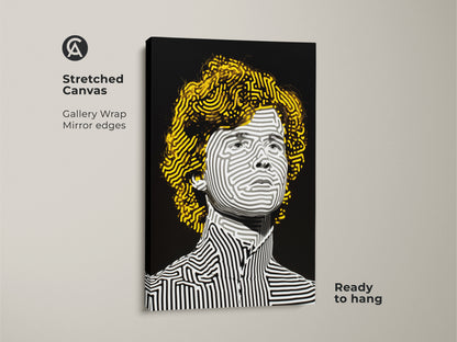 Stretched canvas art showcasing a portrait with striped line art. The canvas wrap has mirror edges. The modern artwork of a person with yellow hair is ready to hang. It is a striking piece for contemporary art lovers.