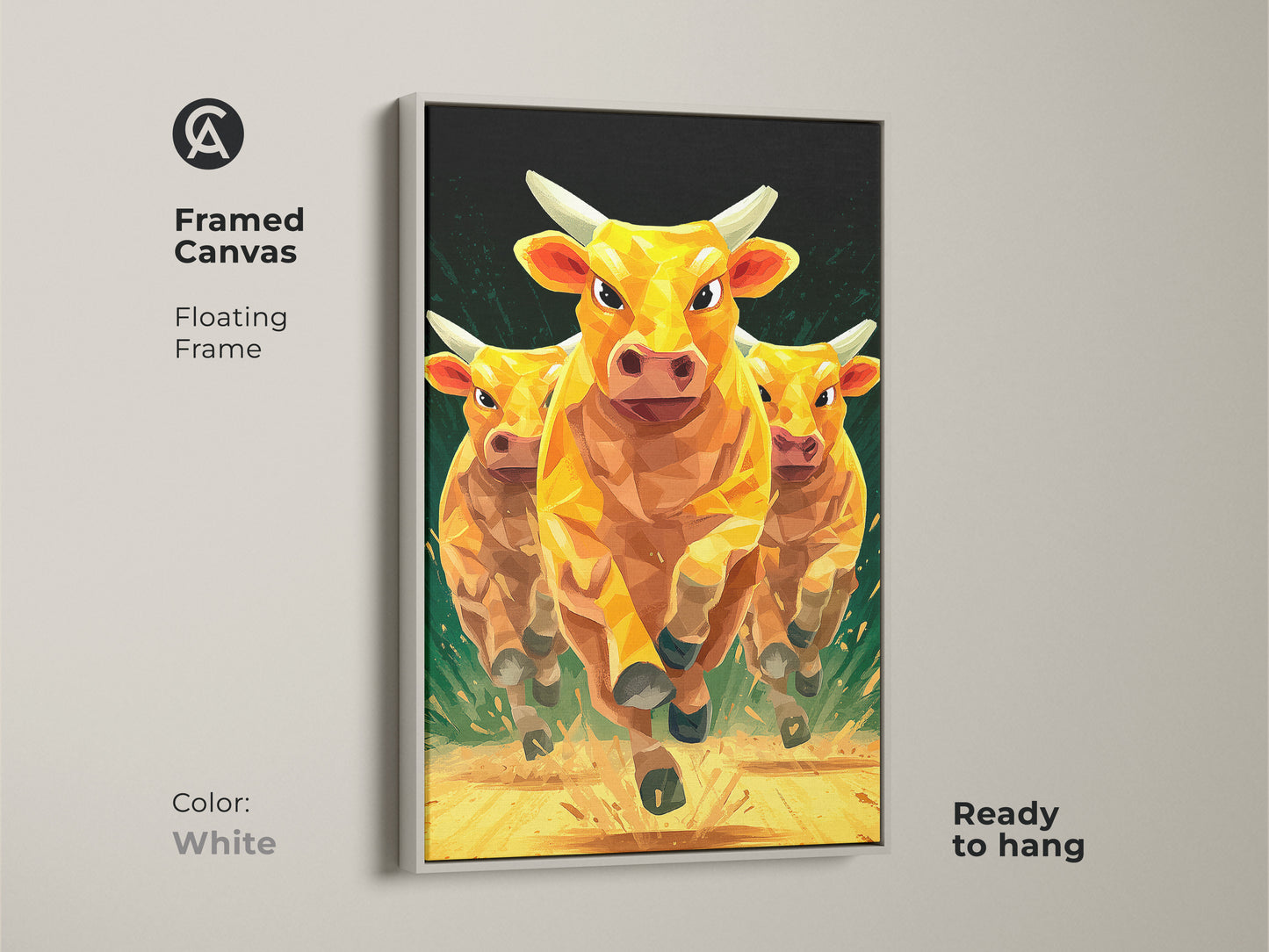 Framed animal canvas artwork with a floating frame in white. Showcasing three golden cows running in a geometric low polygon style. The modern artwork is ready to hang. This stylish and dynamic animal art print will enhance your space. Perfect artwork for any room.