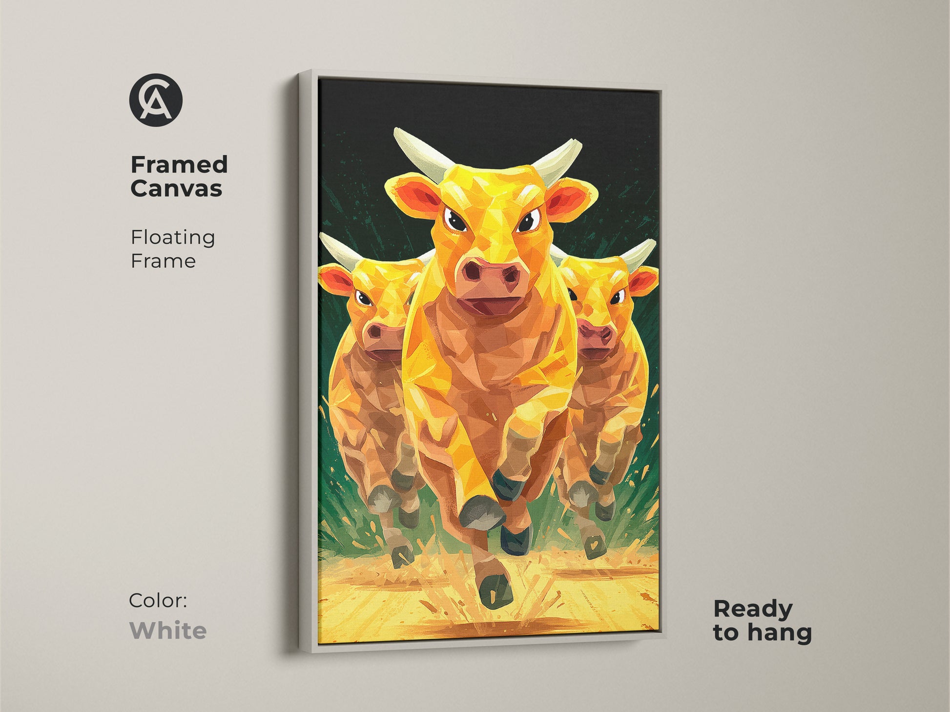 Framed animal canvas artwork with a floating frame in white. Showcasing three golden cows running in a geometric low polygon style. The modern artwork is ready to hang. This stylish and dynamic animal art print will enhance your space. Perfect artwork for any room.