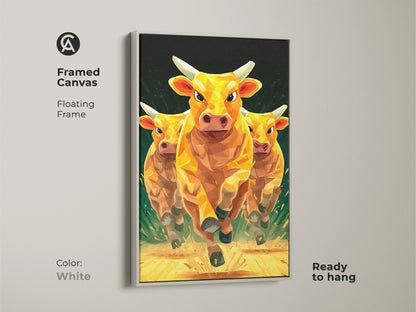 Framed animal canvas artwork with a floating frame in white. Showcasing three golden cows running in a geometric low polygon style. The modern artwork is ready to hang. This stylish and dynamic animal art print will enhance your space. Perfect artwork for any room.