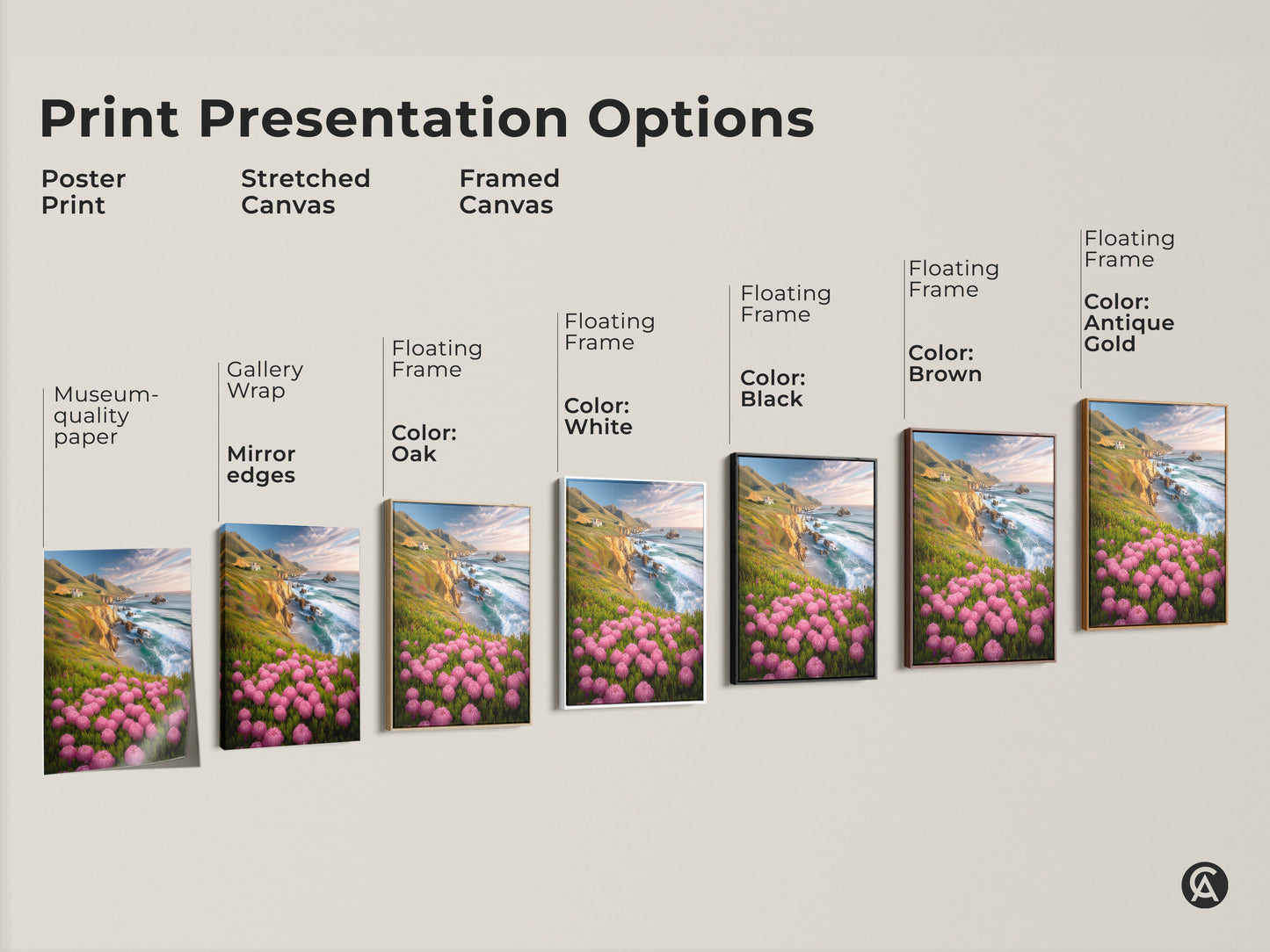 Explore print presentation options for coastal landscape artwork. Choose from poster prints stretched canvas and framed canvas. Find the perfect style for your beach house decor art.