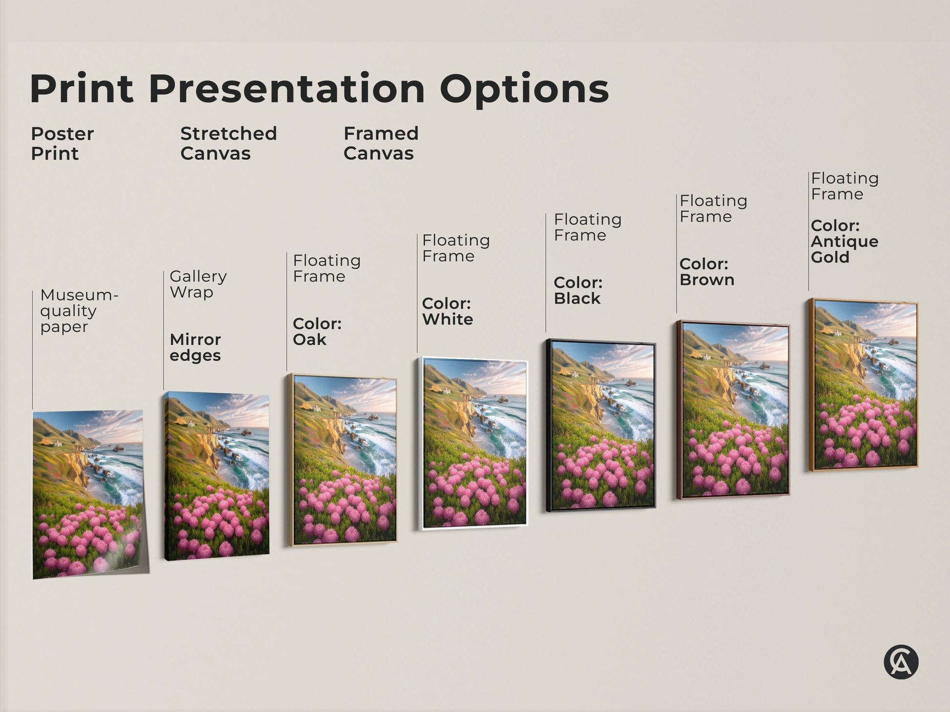 Explore print presentation options for coastal landscape artwork. Choose from poster prints stretched canvas and framed canvas. Find the perfect style for your beach house decor art.