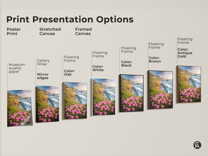 Explore print presentation options for coastal landscape artwork. Choose from poster prints stretched canvas and framed canvas. Find the perfect style for your beach house decor art.