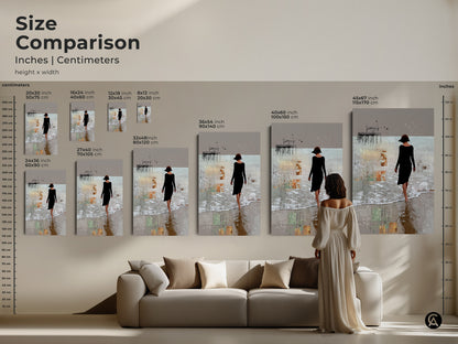 This size comparison shows inches and centimeters. It provides a clear view of the abstract beach canvas art dimensions. Envision how this abstract woman canvas print fits in your space. Find the perfect scale for your beige neutral home decor.