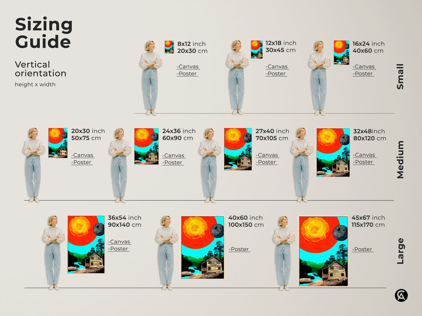 Sizing guide for vertical abstract cabin landscape art prints. See various sizes available for canvas and poster prints featuring a retro sun moon orange yellow and teal decor. Find the perfect modern nature artwork for your eclectic space.