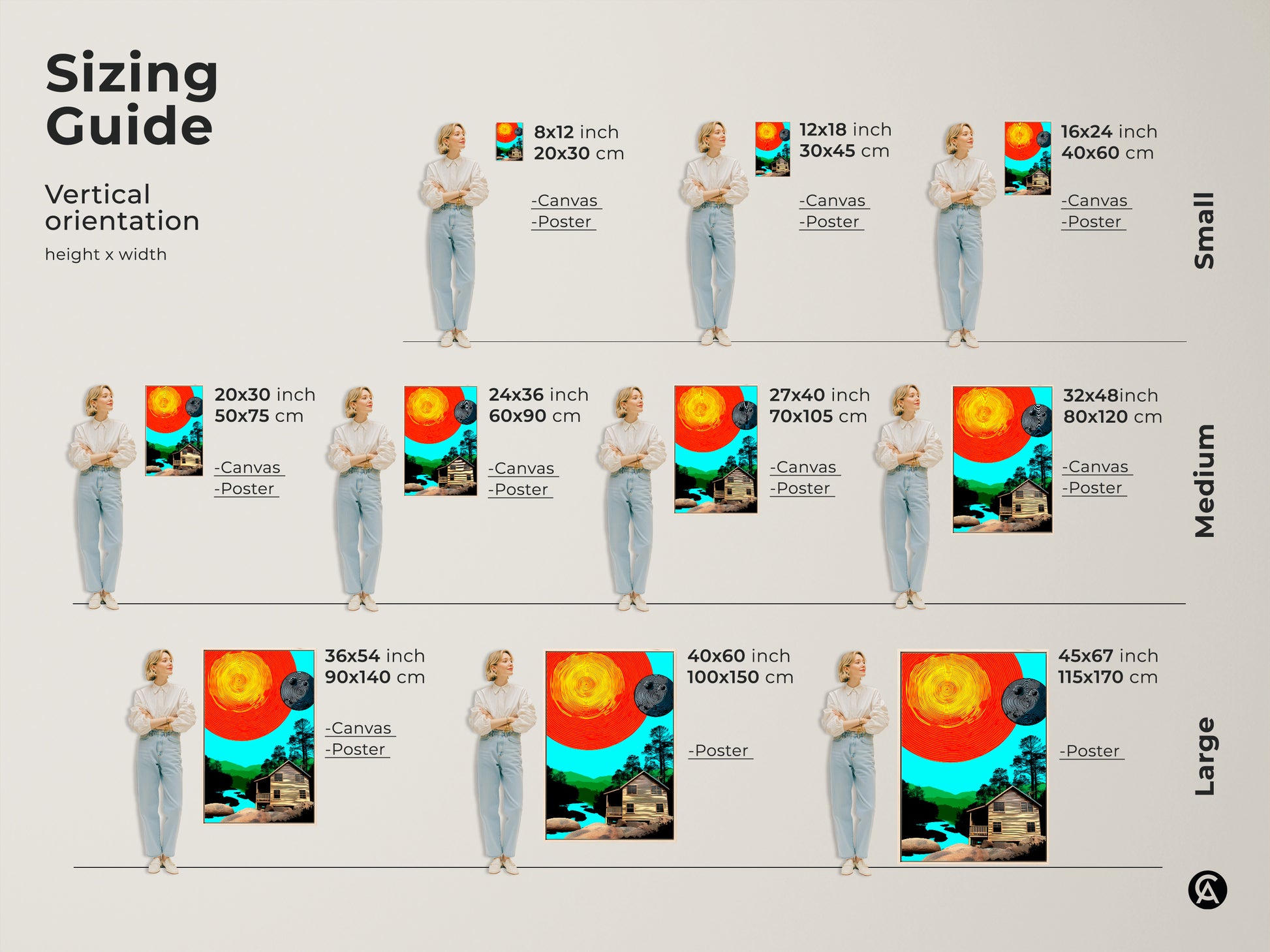 Sizing guide for vertical abstract cabin landscape art prints. See various sizes available for canvas and poster prints featuring a retro sun moon orange yellow and teal decor. Find the perfect modern nature artwork for your eclectic space.