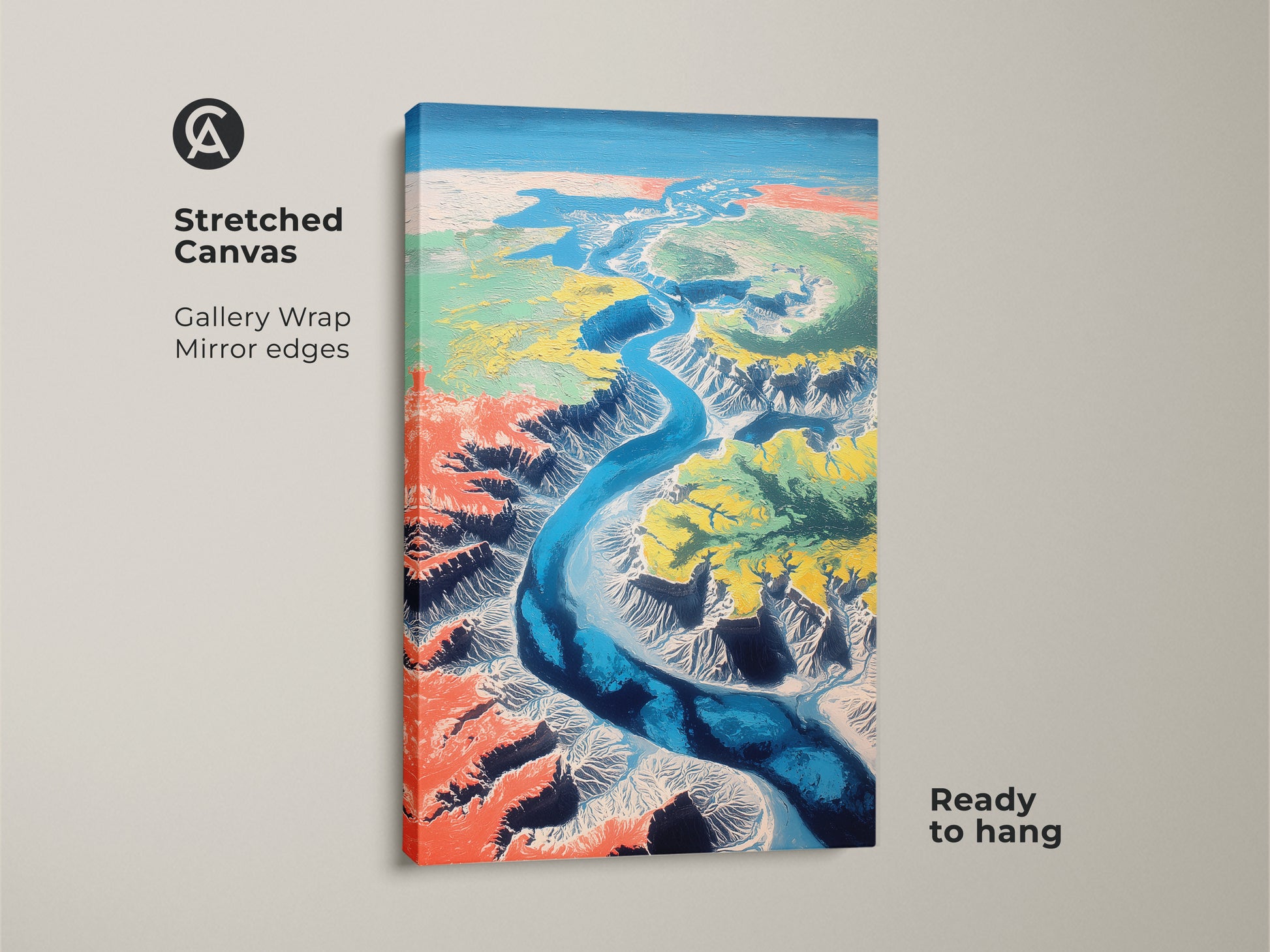 This stretched canvas print shows an abstract aerial landscape. The teal blue river flows through the canyon. This gallery-wrapped canvas features mirror edges. The artwork is ready to hang and enjoy.
