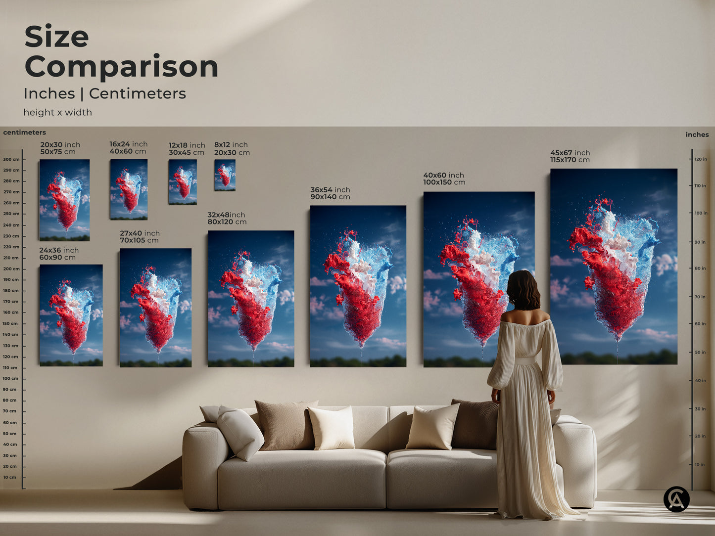 Size comparison showcasing abstract red blue and white splash art prints in inches and centimeters. See how the artwork scales from smaller to larger sizes in a living room setting. Discover the ideal dimensions to create a bold statement in your home decor.