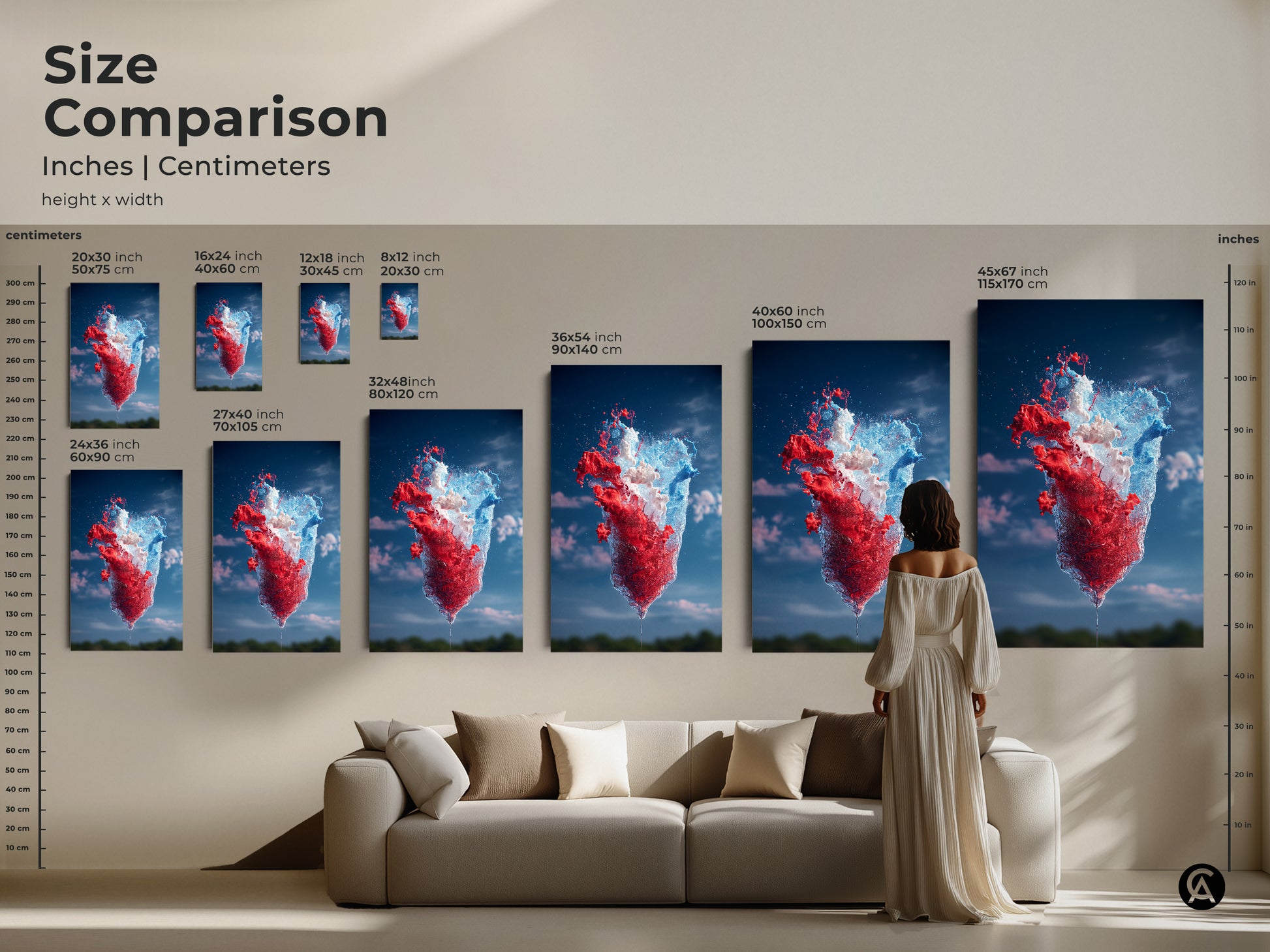 Size comparison showcasing abstract red blue and white splash art prints in inches and centimeters. See how the artwork scales from smaller to larger sizes in a living room setting. Discover the ideal dimensions to create a bold statement in your home decor.