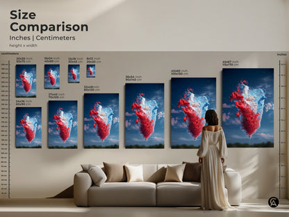 Size comparison showcasing abstract red blue and white splash art prints in inches and centimeters. See how the artwork scales from smaller to larger sizes in a living room setting. Discover the ideal dimensions to create a bold statement in your home decor.
