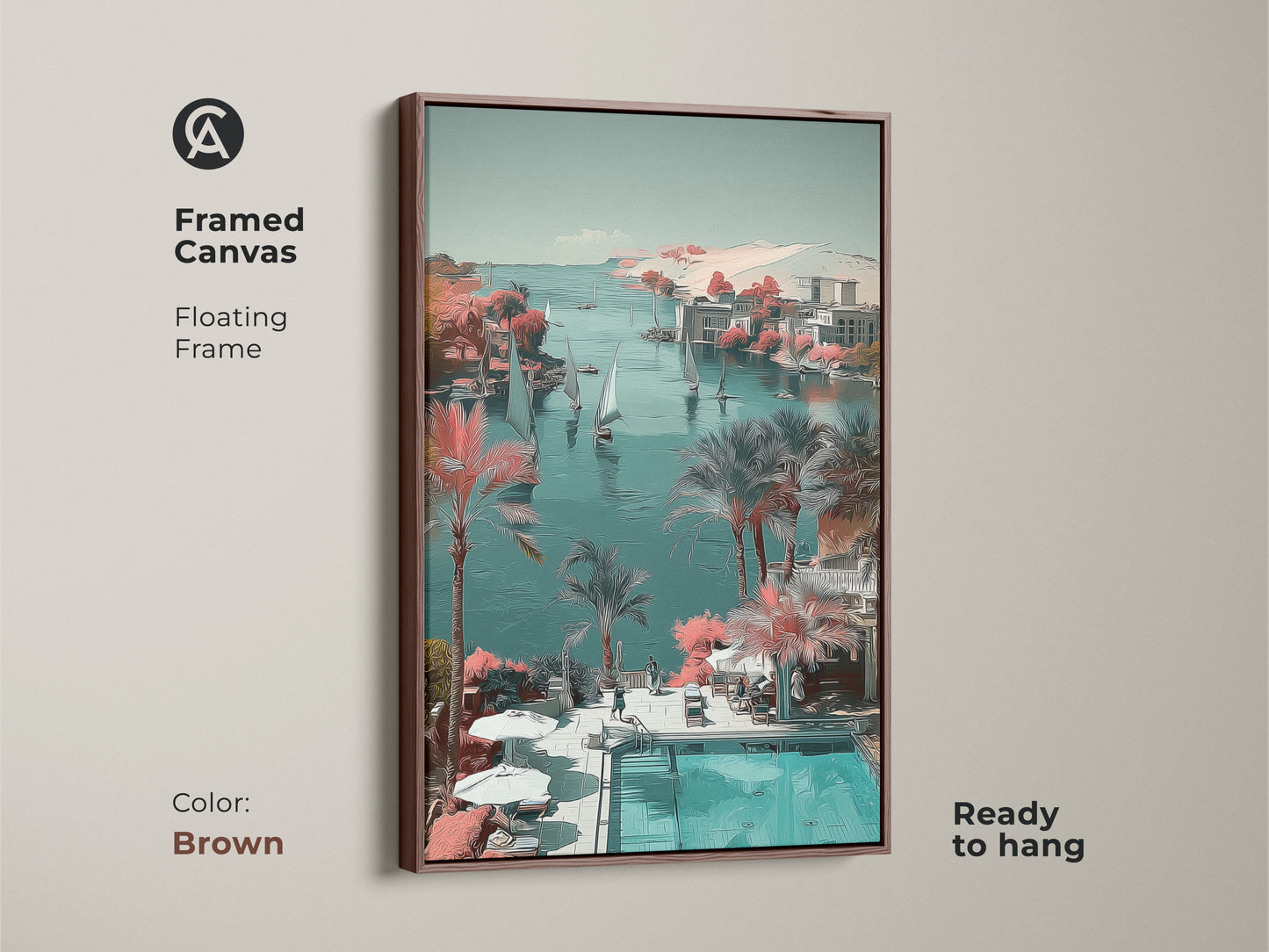 Coastal landscape wall art with a brown floating frame. This framed canvas showcases a teal aqua palm tree print. It is perfect nautical bedroom decor. This stylized coastal scene artwork is ready to hang.