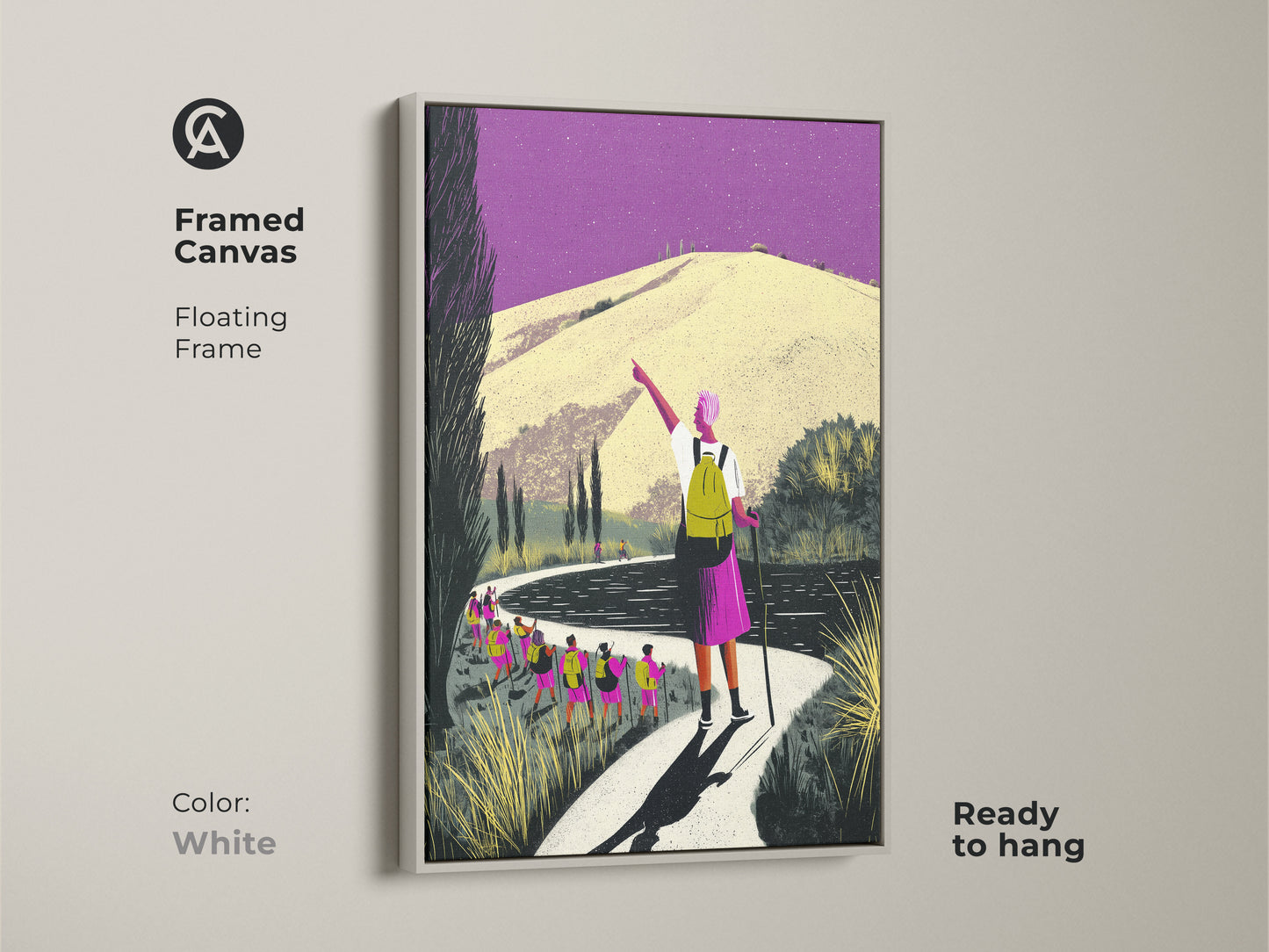 Framed canvas art in a white frame featuring a colorful outdoor poster. The mountain path canvas print adds a fresh touch. This boho home decor art is ready to hang. A great gift for hikers and outdoor enthusiasts.