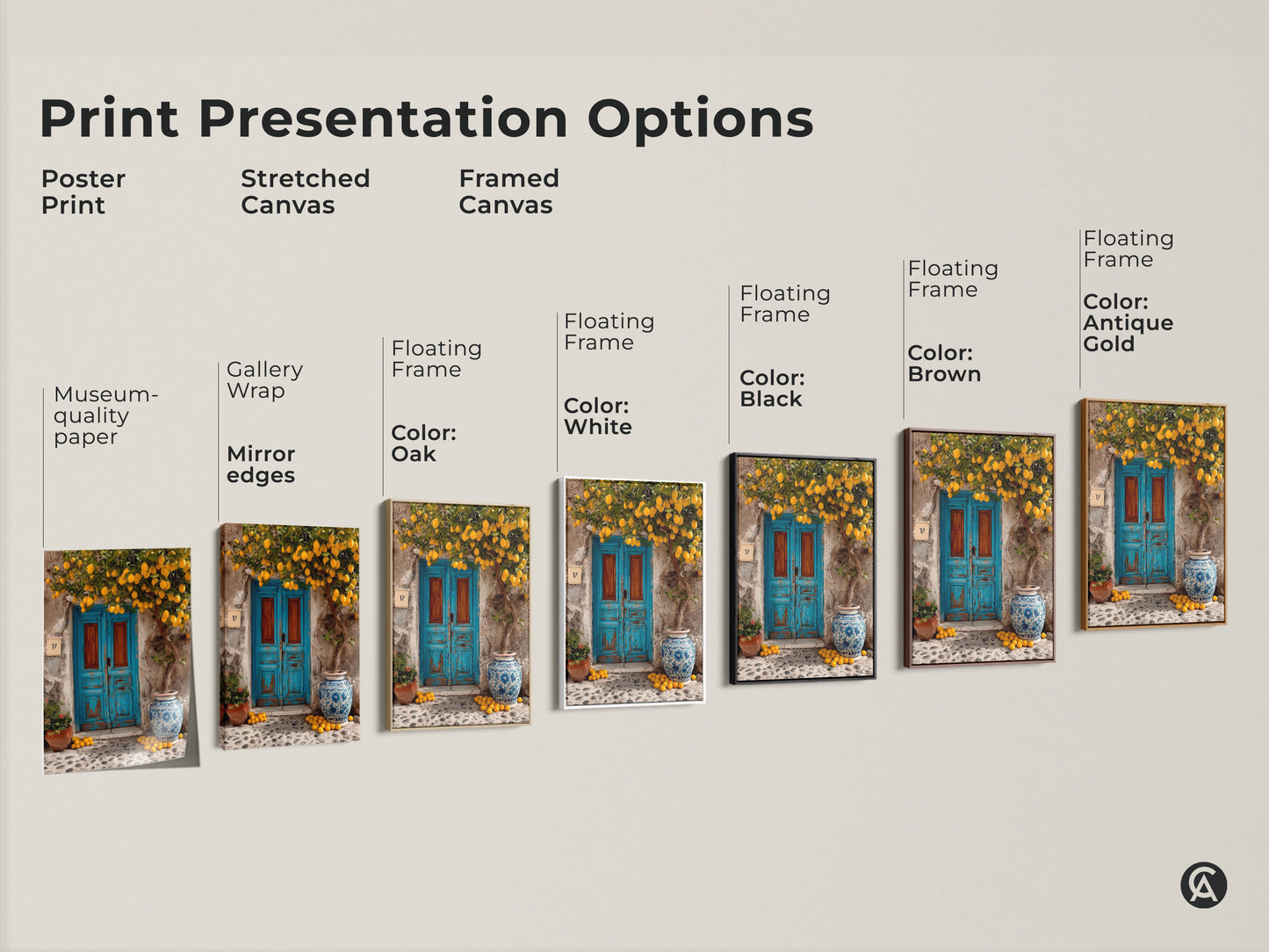 Print presentation options for Mediterranean lemon tree art. Choose from poster print stretched canvas or framed canvas. Frame colors include black brown antique gold white and oak. Find the perfect rustic boho wall decor to match your style and kitchen.