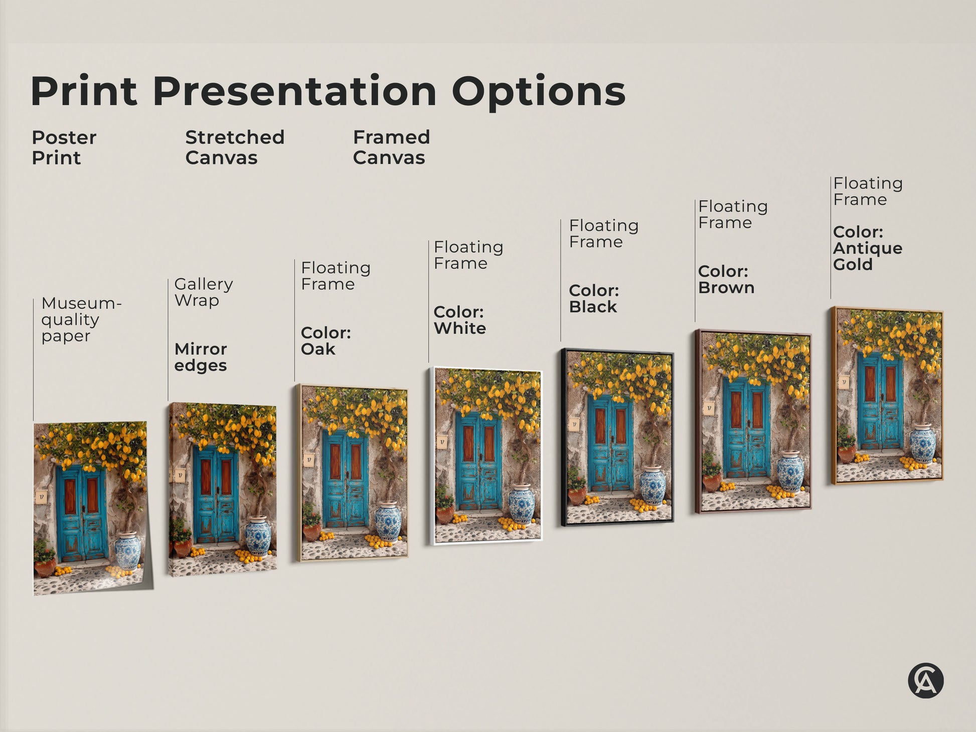 Print presentation options for Mediterranean lemon tree art. Choose from poster print stretched canvas or framed canvas. Frame colors include black brown antique gold white and oak. Find the perfect rustic boho wall decor to match your style and kitchen.