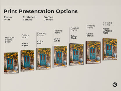 Print presentation options for Mediterranean lemon tree art. Choose from poster print stretched canvas or framed canvas. Frame colors include black brown antique gold white and oak. Find the perfect rustic boho wall decor to match your style and kitchen.