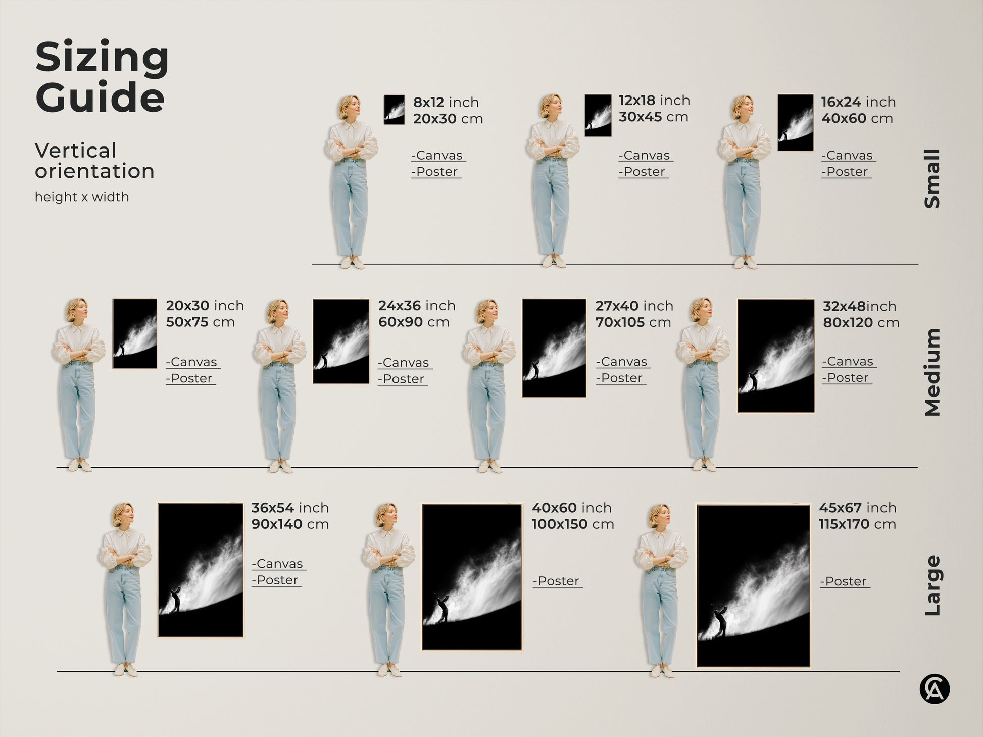 Sizing guide for our golf art prints. Visualize the different sizes with canvas and poster options. Each artwork features a golfer silhouette in black and white. Find the perfect fit for your space.