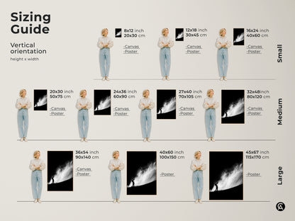 Sizing guide for our golf art prints. Visualize the different sizes with canvas and poster options. Each artwork features a golfer silhouette in black and white. Find the perfect fit for your space.